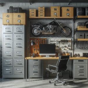 Garage Office Design Ideas with large metal file cabinets to store motorcycle parts-1